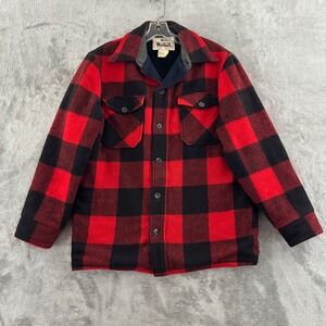 Vintage Woolrich Buffalo Check Wool Shirt Jacket Mens M Red Black Plaid Lined
